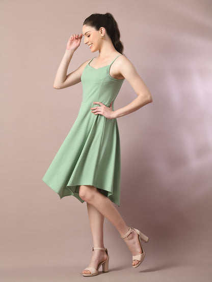 Women's  Sea Green Solid Shoulder Straps Fit And Flare Party Dress