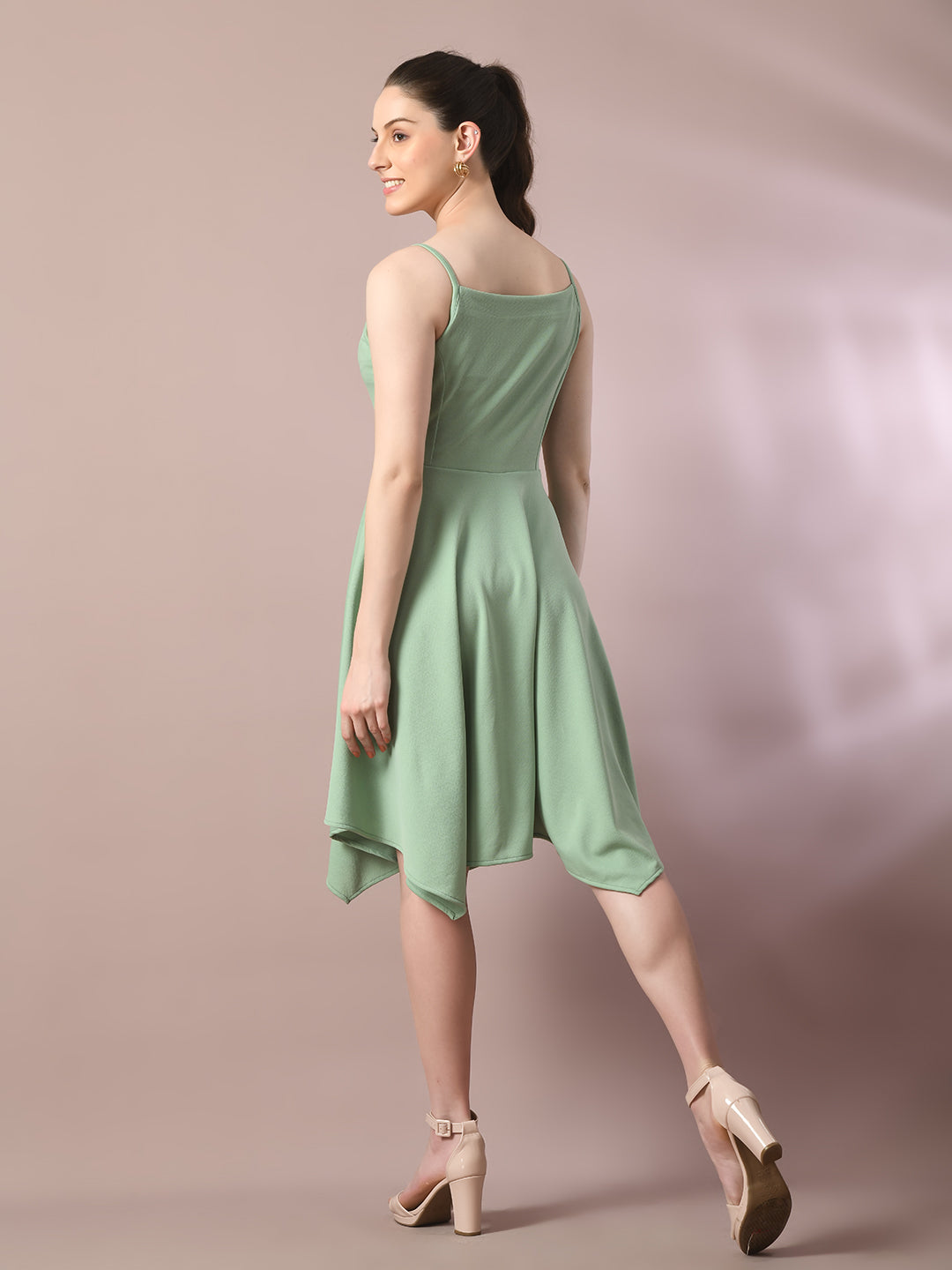 Women's  Sea Green Solid Shoulder Straps Fit And Flare Party Dress