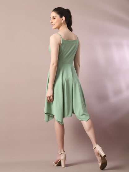 Women's  Sea Green Solid Shoulder Straps Fit And Flare Party Dress