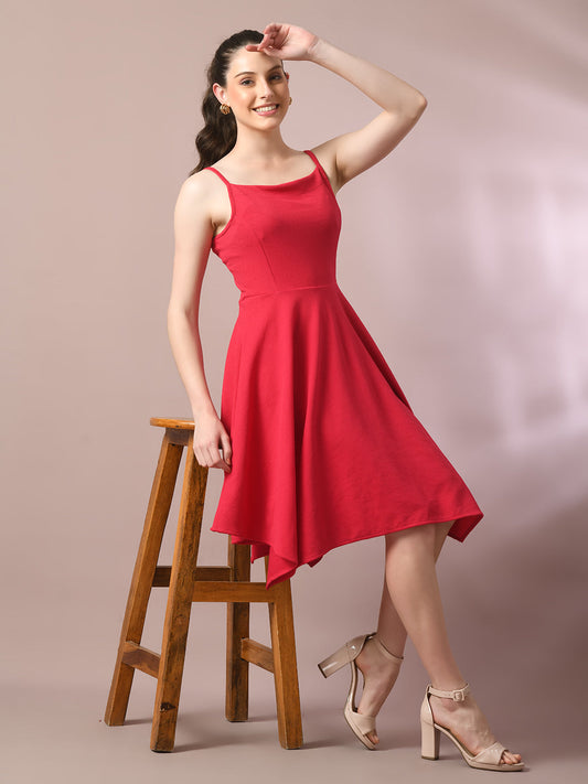 Women's  Pink Solid Shoulder Straps Fit And Flare Party Dress