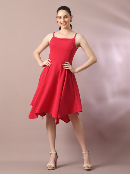 Women's  Pink Solid Shoulder Straps Fit And Flare Party Dress