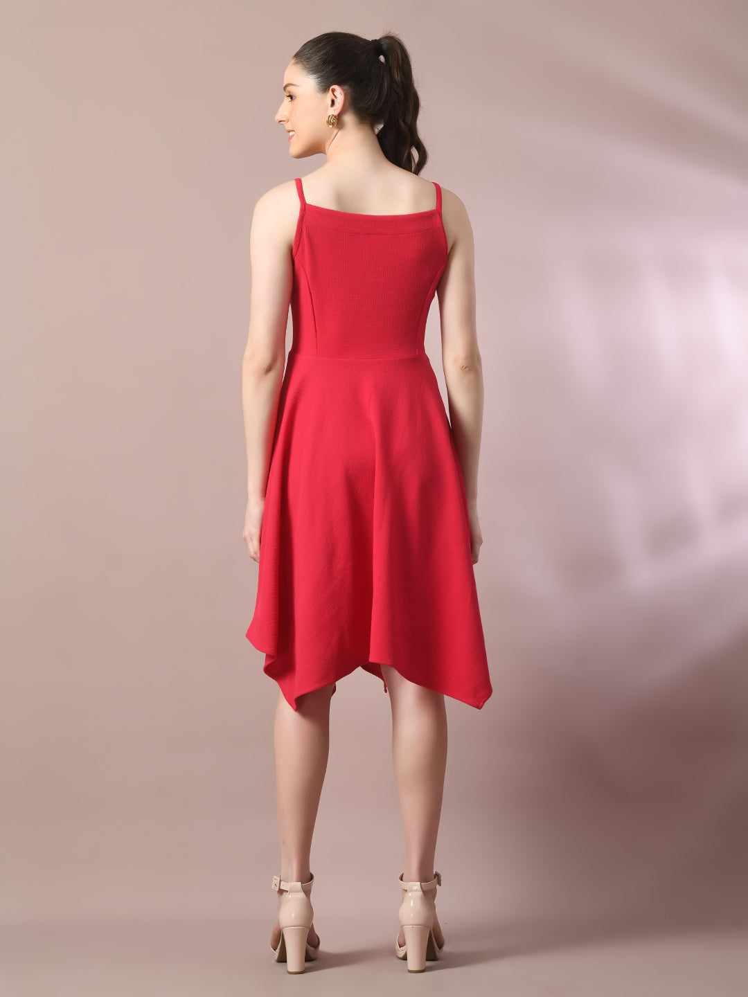 Women's  Pink Solid Shoulder Straps Fit And Flare Party Dress