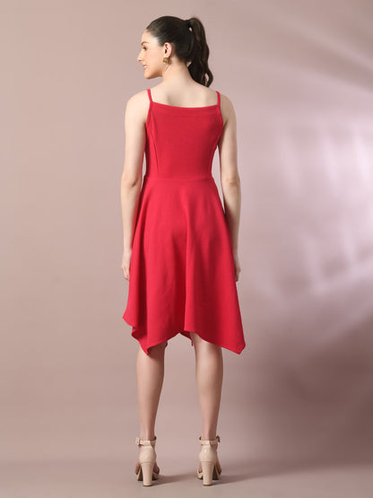 Women's  Pink Solid Shoulder Straps Fit And Flare Party Dress