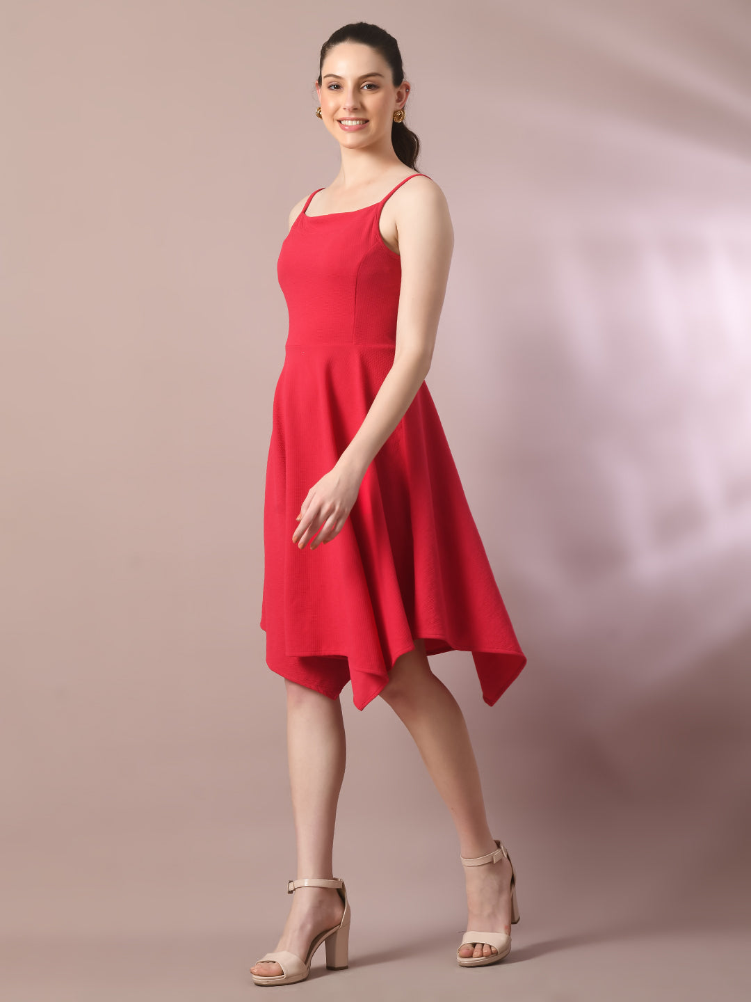Women's  Pink Solid Shoulder Straps Fit And Flare Party Dress
