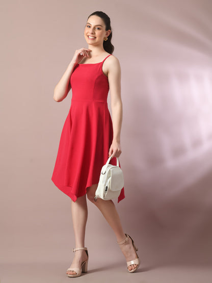 Women's  Pink Solid Shoulder Straps Fit And Flare Party Dress