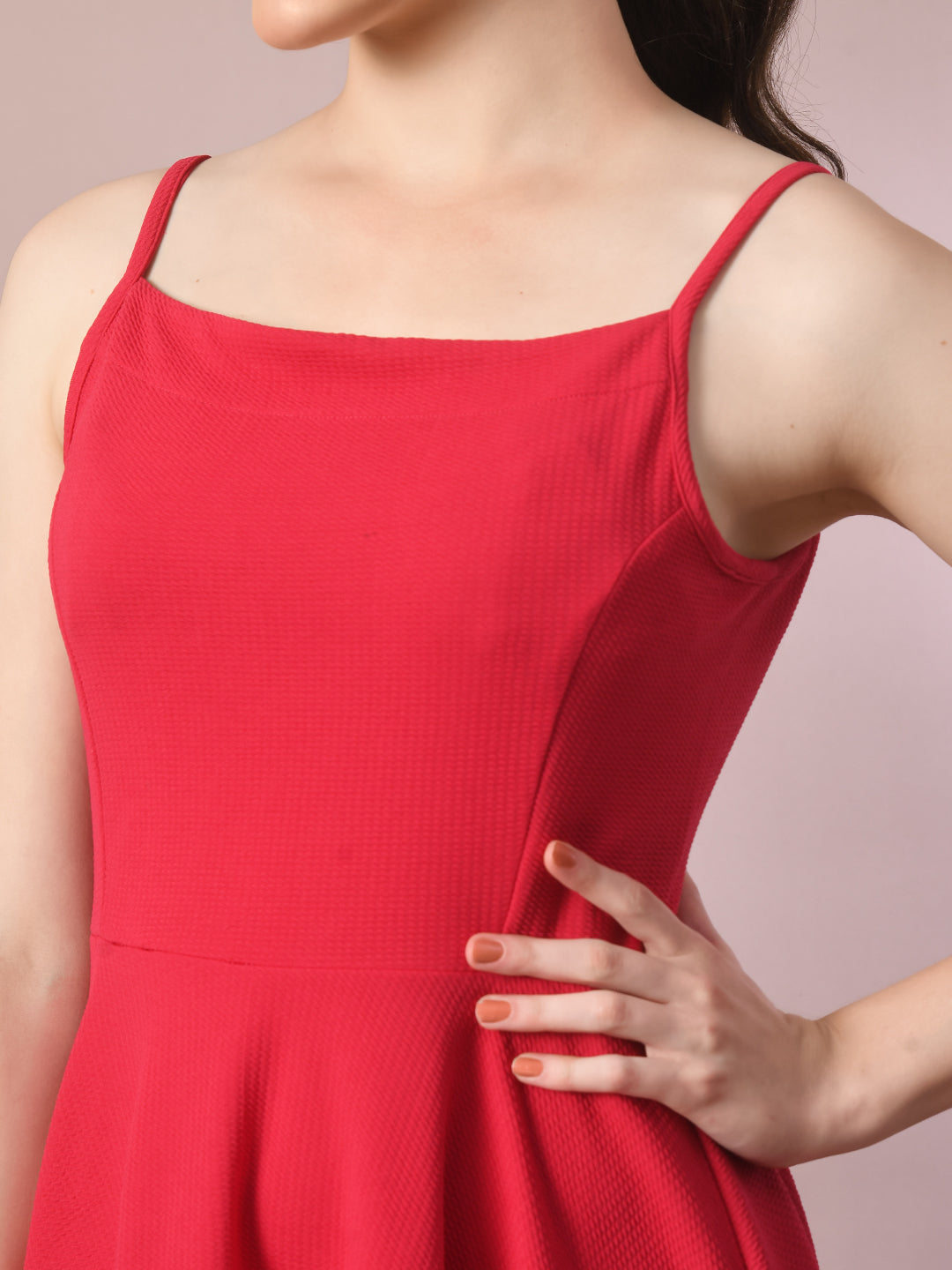 Women's  Pink Solid Shoulder Straps Fit And Flare Party Dress