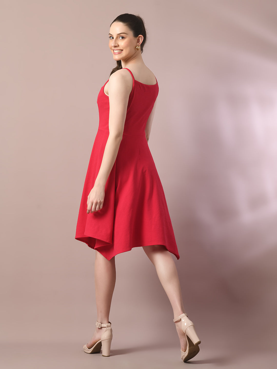 Women's  Pink Solid Shoulder Straps Fit And Flare Party Dress