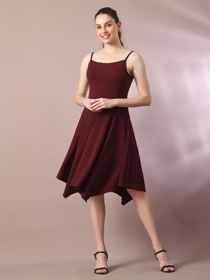 Women's  Maroon Solid Shoulder Straps Fit And Flare Party Dress