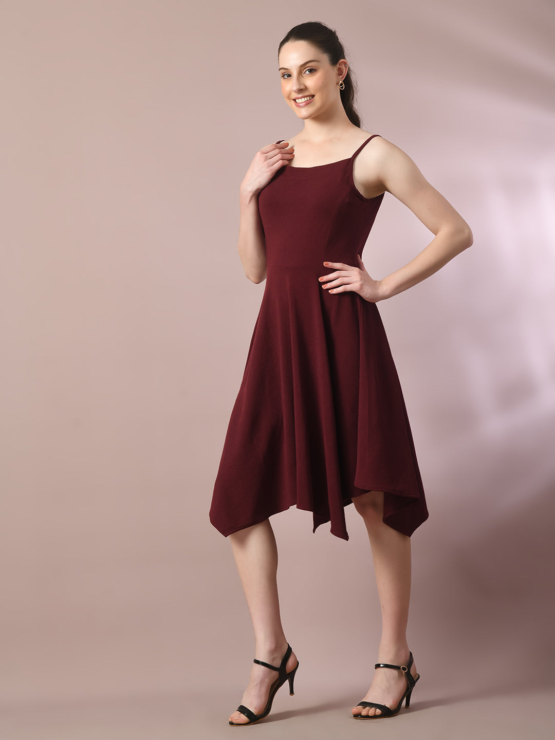 Women's  Maroon Solid Shoulder Straps Fit And Flare Party Dress