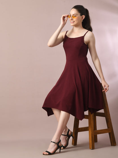 Women's  Maroon Solid Shoulder Straps Fit And Flare Party Dress