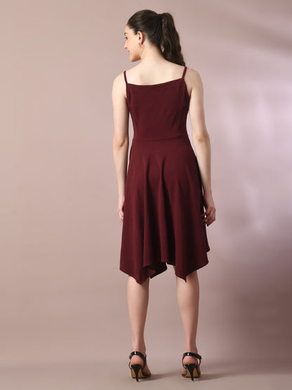Women's  Maroon Solid Shoulder Straps Fit And Flare Party Dress