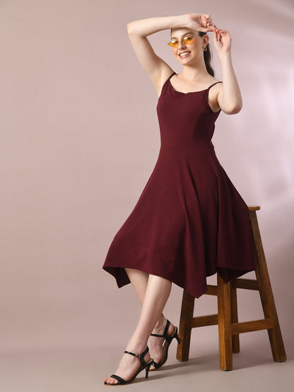 Women's  Maroon Solid Shoulder Straps Fit And Flare Party Dress