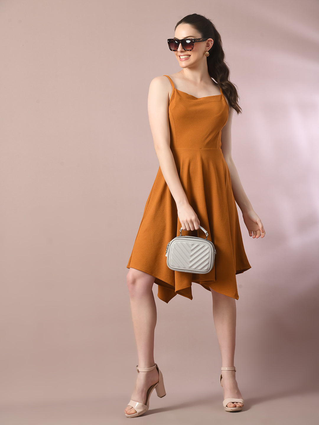 Women's  Mustard Solid Shoulder Straps Fit And Flare Party Dress