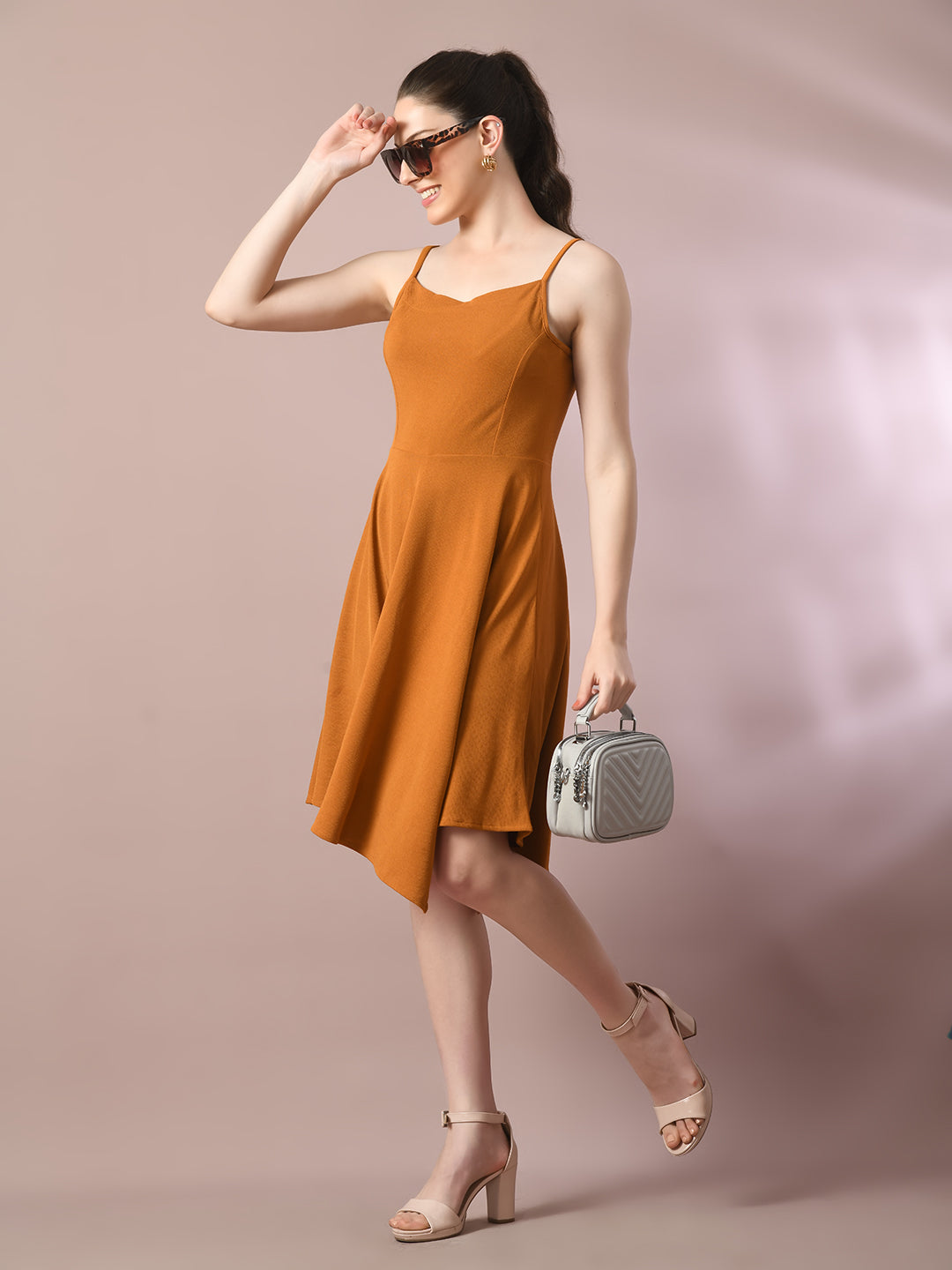 Women's  Mustard Solid Shoulder Straps Fit And Flare Party Dress