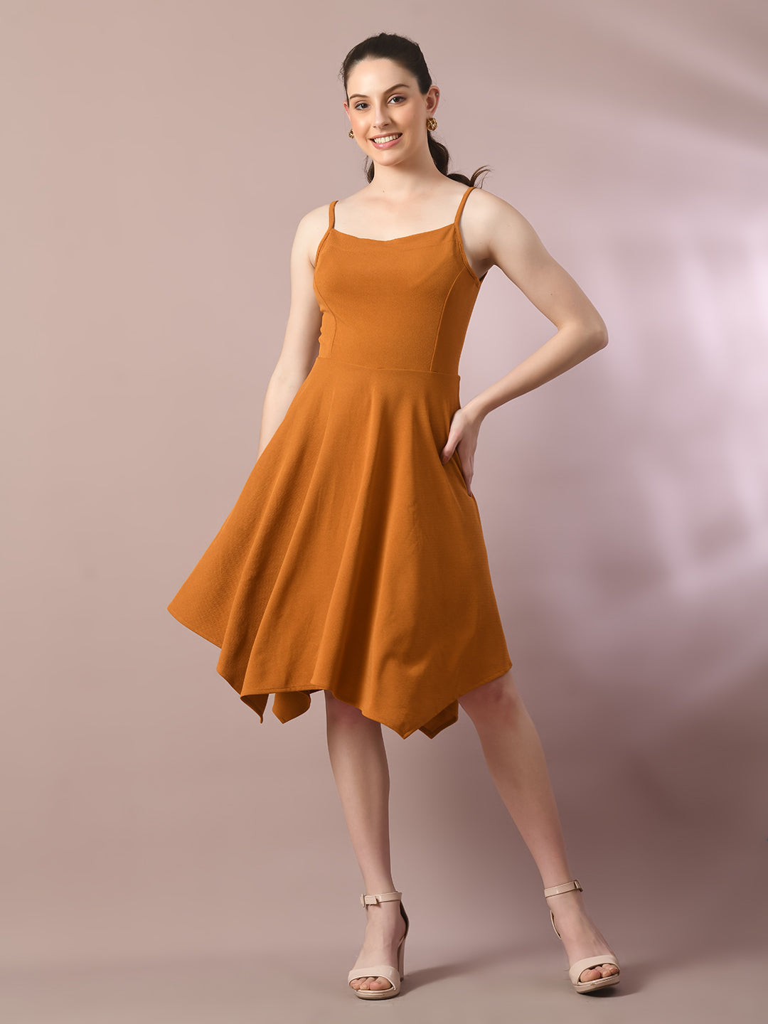 Women's  Mustard Solid Shoulder Straps Fit And Flare Party Dress