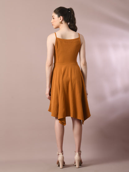 Women's  Mustard Solid Shoulder Straps Fit And Flare Party Dress