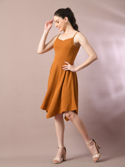 Women's  Mustard Solid Shoulder Straps Fit And Flare Party Dress