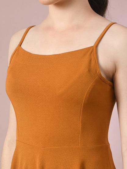 Women's  Mustard Solid Shoulder Straps Fit And Flare Party Dress