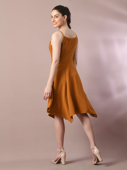 Women's  Mustard Solid Shoulder Straps Fit And Flare Party Dress