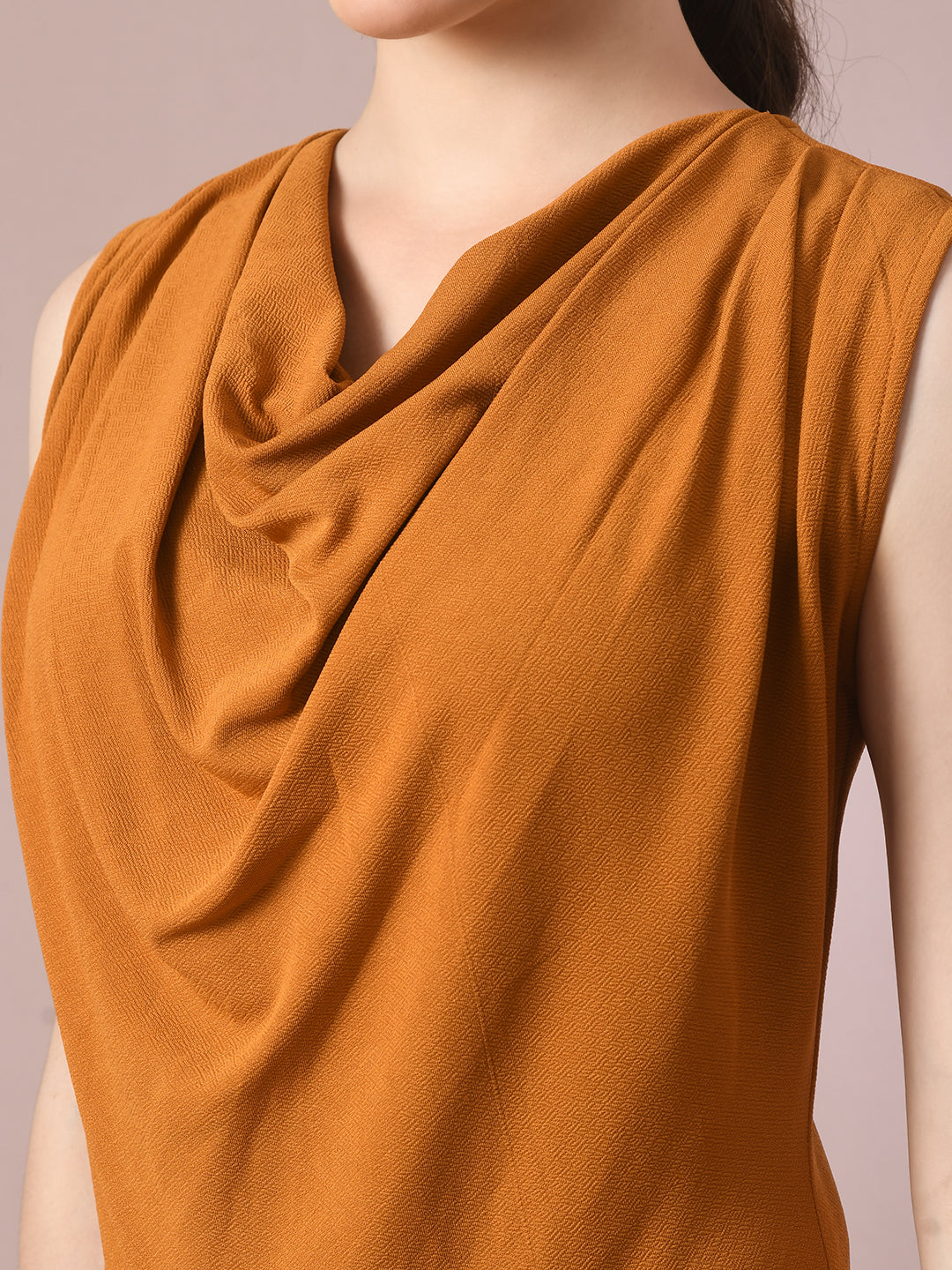 Women's  Mustard Solid Cowl Neck Bodycon Party Dress