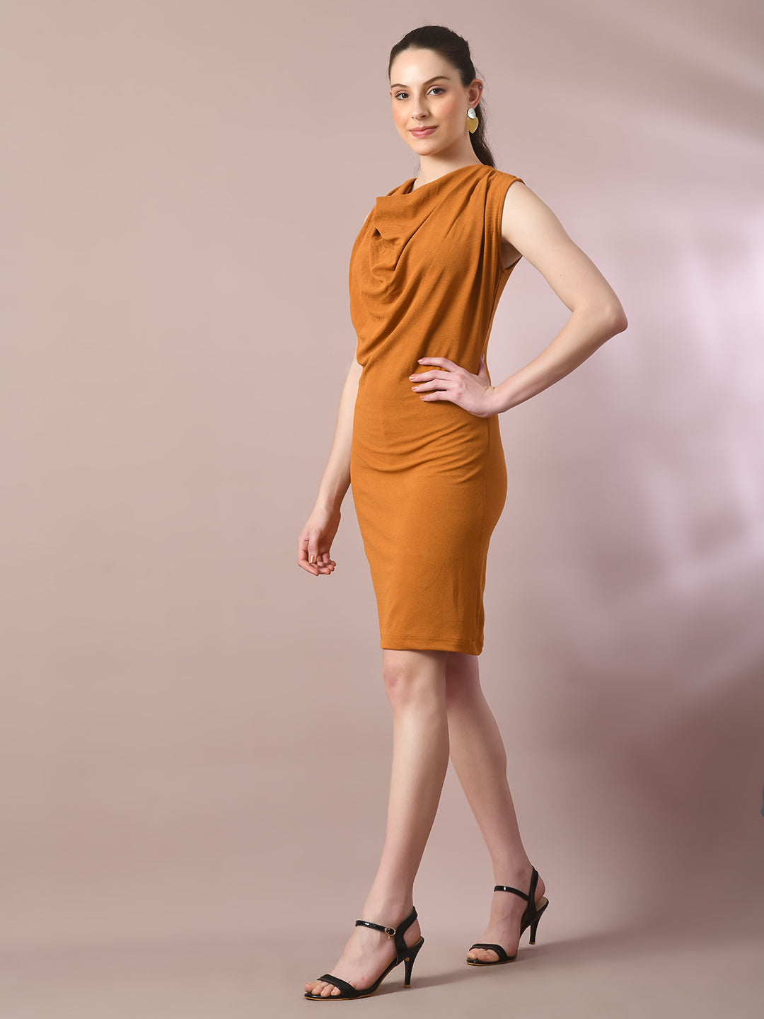 Women's  Mustard Solid Cowl Neck Bodycon Party Dress