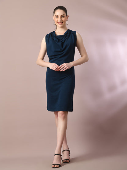 Women's  Navy Blue Solid Cowl Neck Bodycon Party Dress
