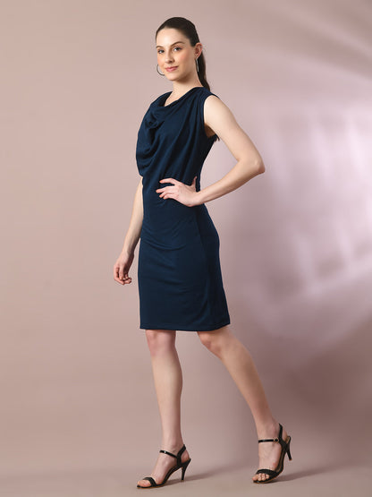 Women's  Navy Blue Solid Cowl Neck Bodycon Party Dress