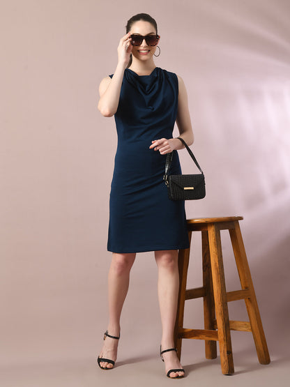 Women's  Navy Blue Solid Cowl Neck Bodycon Party Dress