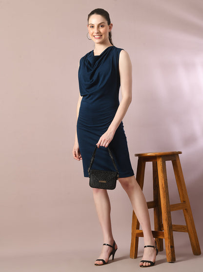 Women's  Navy Blue Solid Cowl Neck Bodycon Party Dress