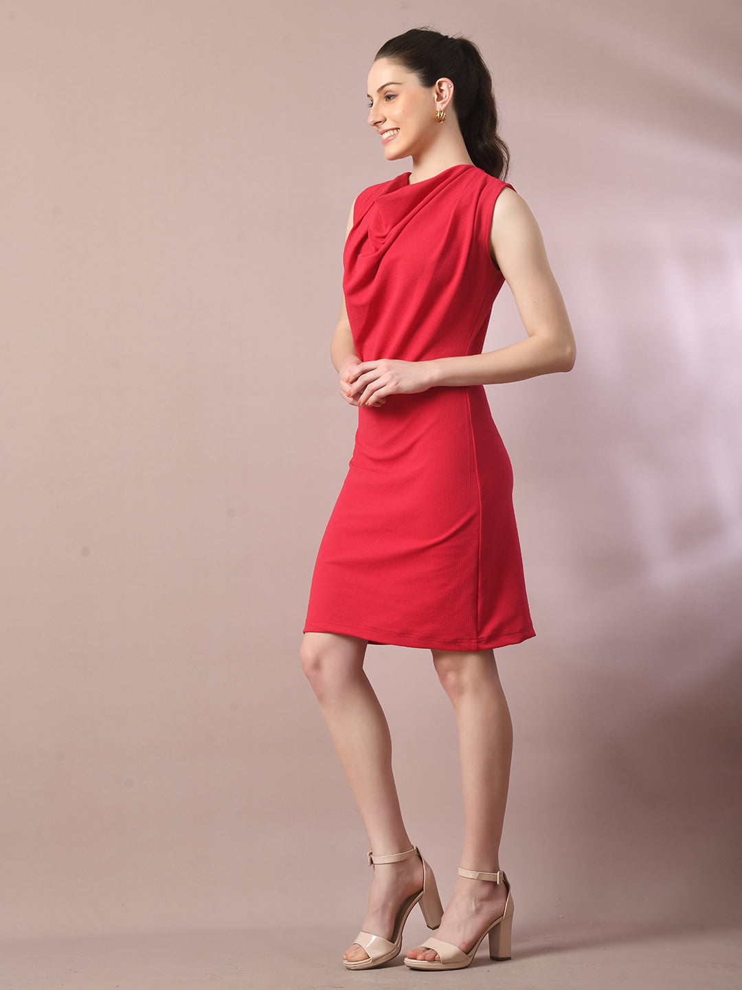 Women's  Pink Solid Cowl Neck Bodycon Party Dress