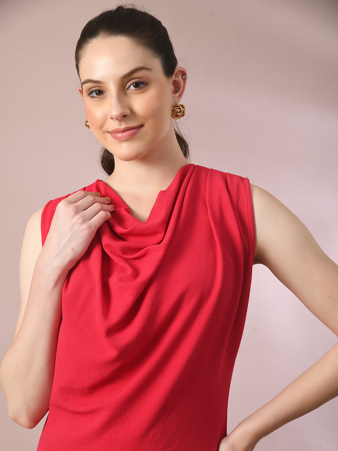 Women's  Pink Solid Cowl Neck Bodycon Party Dress