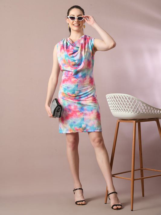 Women's  Multi Printed Cowl Neck Bodycon Party Dress