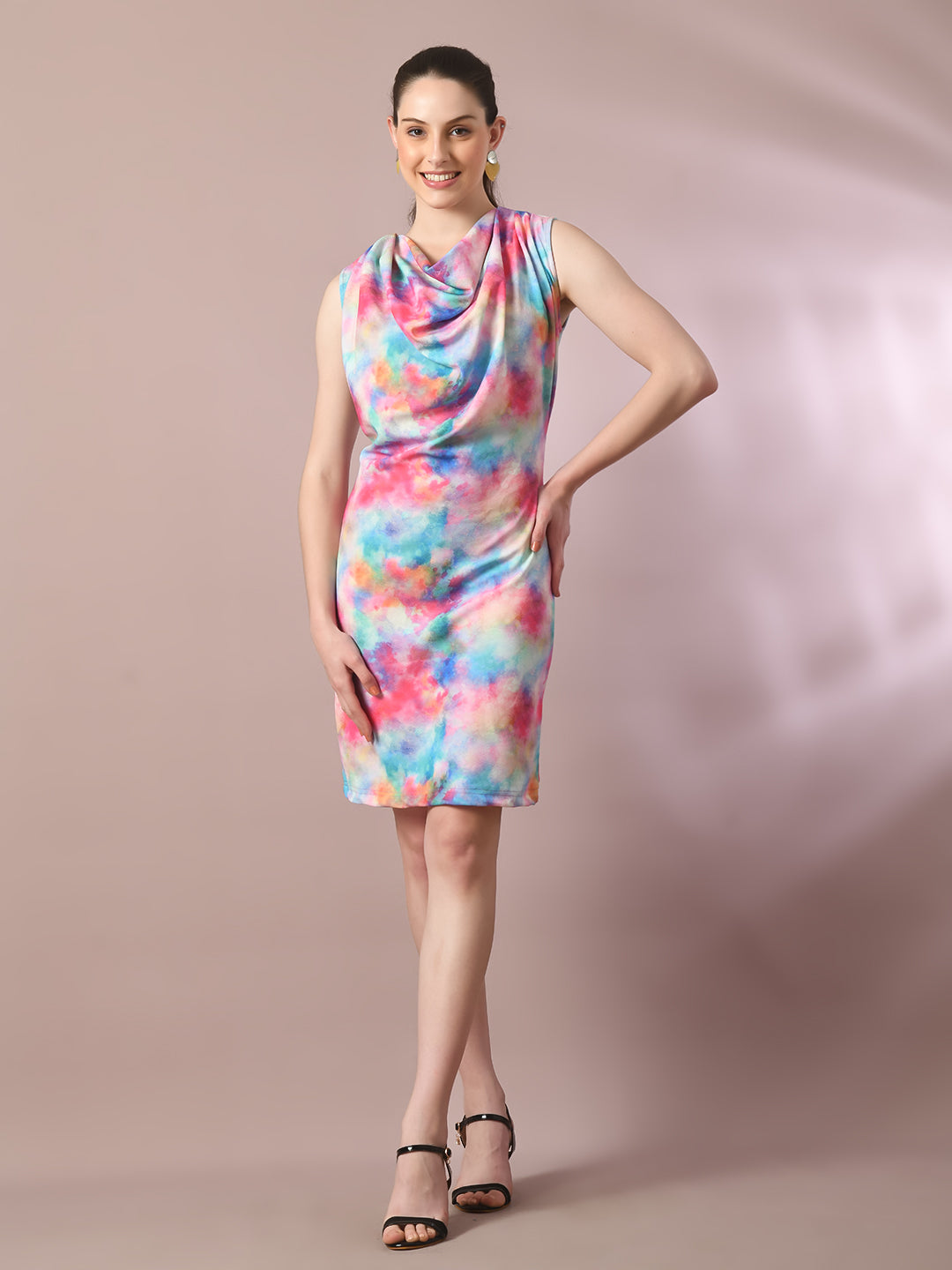 Women's  Multi Printed Cowl Neck Bodycon Party Dress