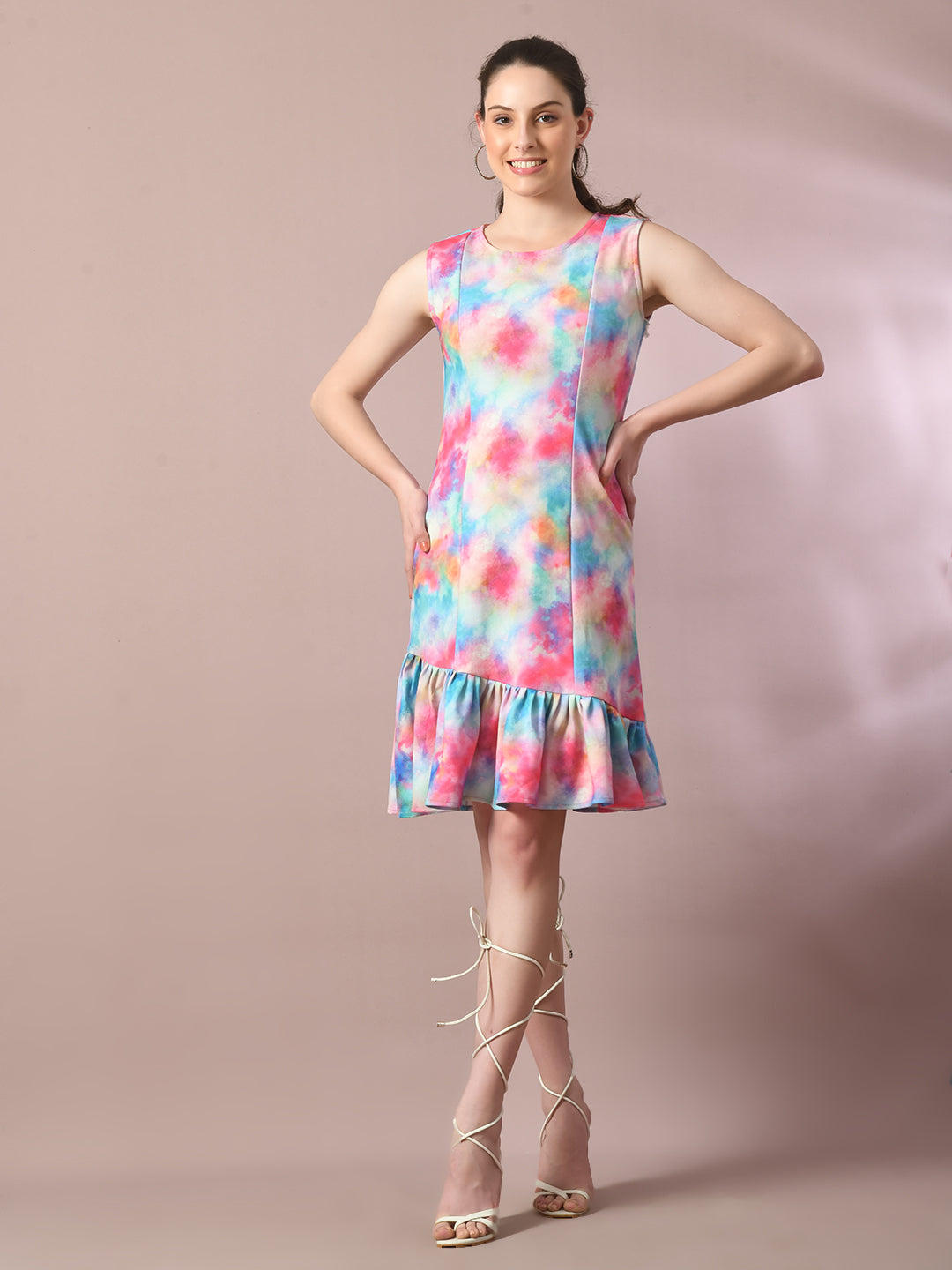 Women's  Multi Printed Round Neck Fit And Flare Party Dress