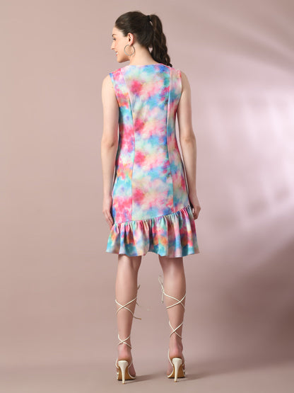 Women's  Multi Printed Round Neck Fit And Flare Party Dress