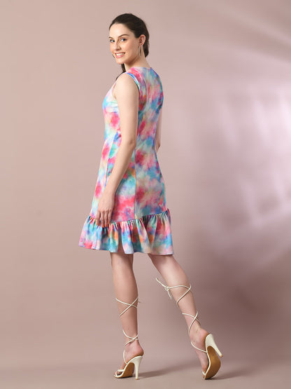 Women's  Multi Printed Round Neck Fit And Flare Party Dress