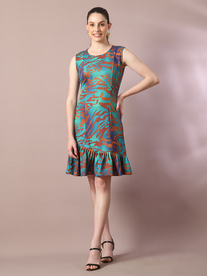 Women's  Multi Printed Round Neck Fit And Flare Party Dress