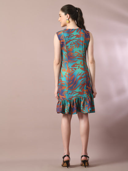 Women's  Multi Printed Round Neck Fit And Flare Party Dress