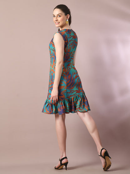 Women's  Multi Printed Round Neck Fit And Flare Party Dress