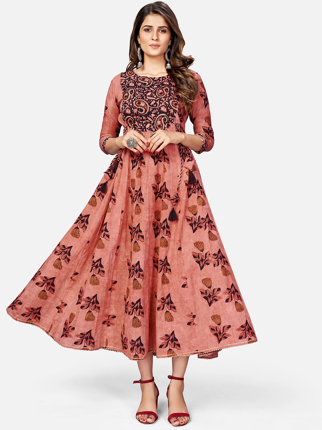Women's Printed & Hand Work Anarkali Cotton Brown Kurta (1Pc)