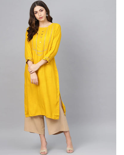 Women's Mustard Yellow Yoke Design Straight Kurta