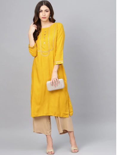 Women's Mustard Yellow Yoke Design Straight Kurta