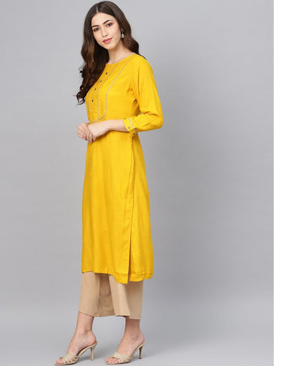 Women's Mustard Yellow Yoke Design Straight Kurta