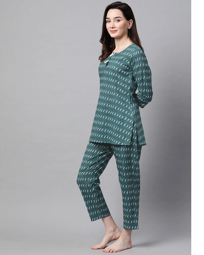 Women's Green & White Printed Night Suit