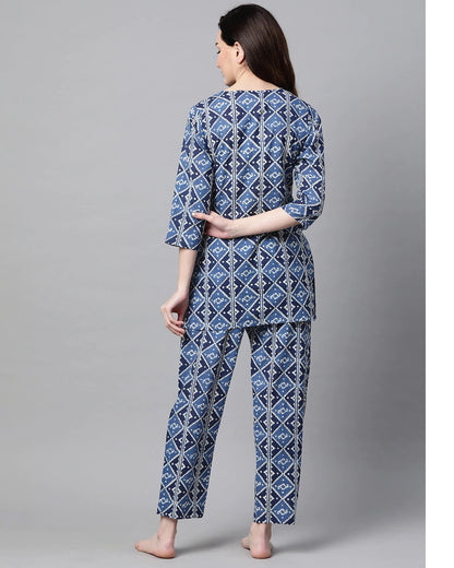 Women's Indigo Blue & White Printed Night Suit