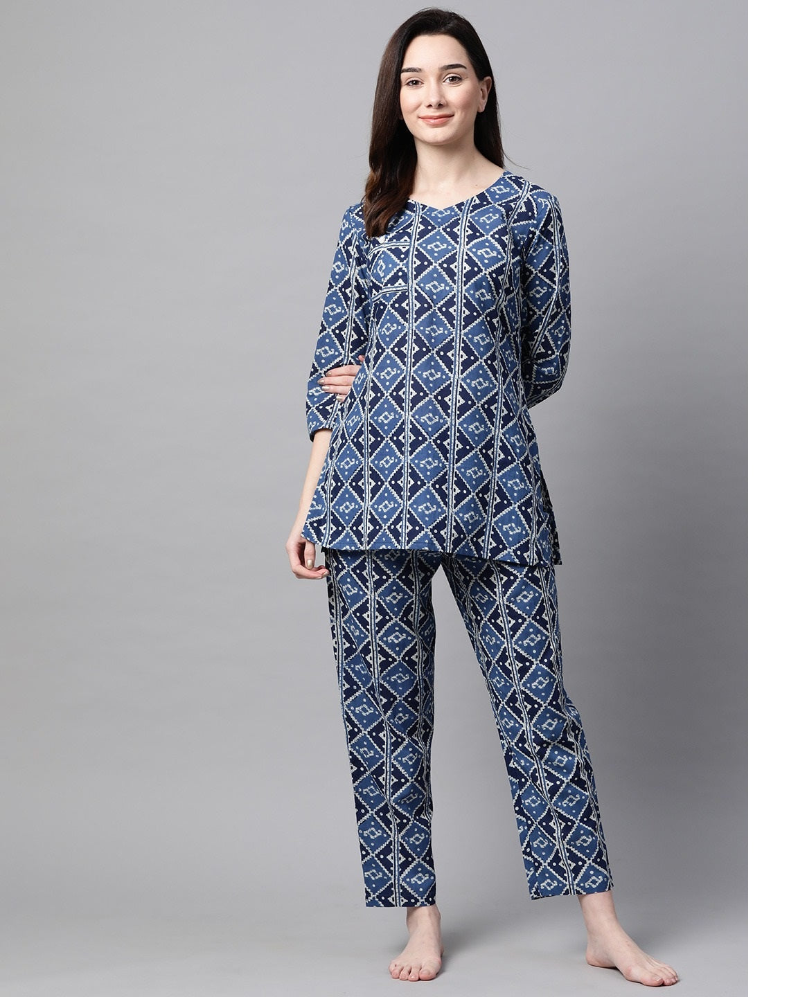 Women's Indigo Blue & White Printed Night Suit
