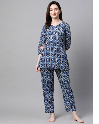 Women's Indigo Blue & White Printed Night Suit