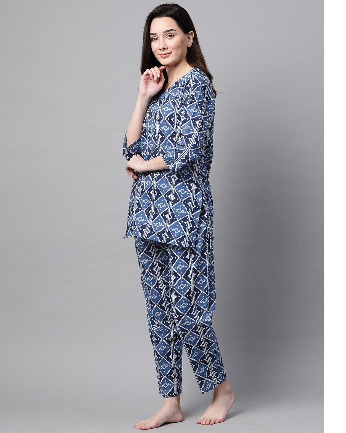 Women's Indigo Blue & White Printed Night Suit