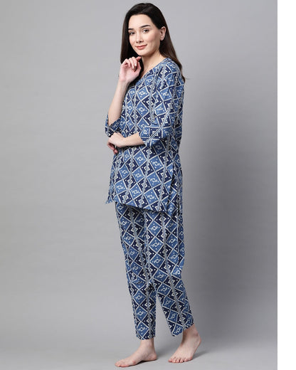 Women's Indigo Blue & White Printed Night Suit