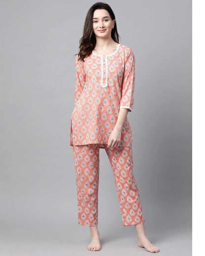 Women's Peach-Coloured Printed Cotton Night suit